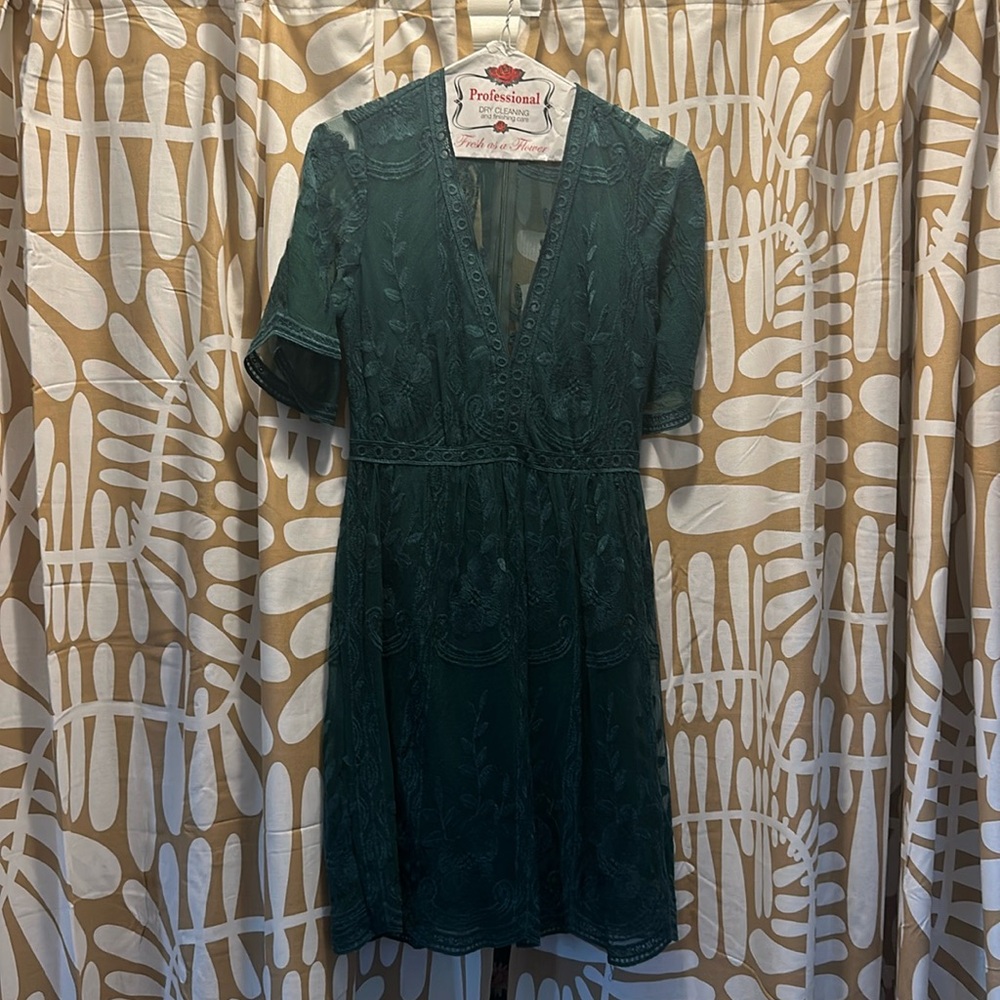 Haunte Monde Teal Deep V Neck Mini Length Dress with Lace Overlay